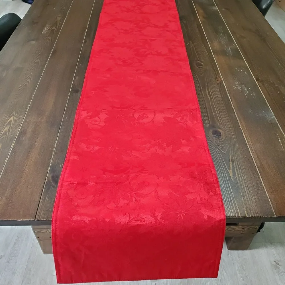 Table Runner Red Sateen Jacquard Poinsettias 2-sided 70x13
